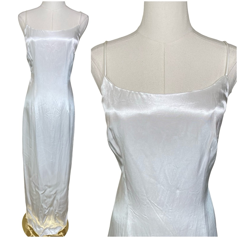 Vintage Stenay Satin Slip Maxi Dress Women 10 White 90s Spaghetti Strap Y2K Prom